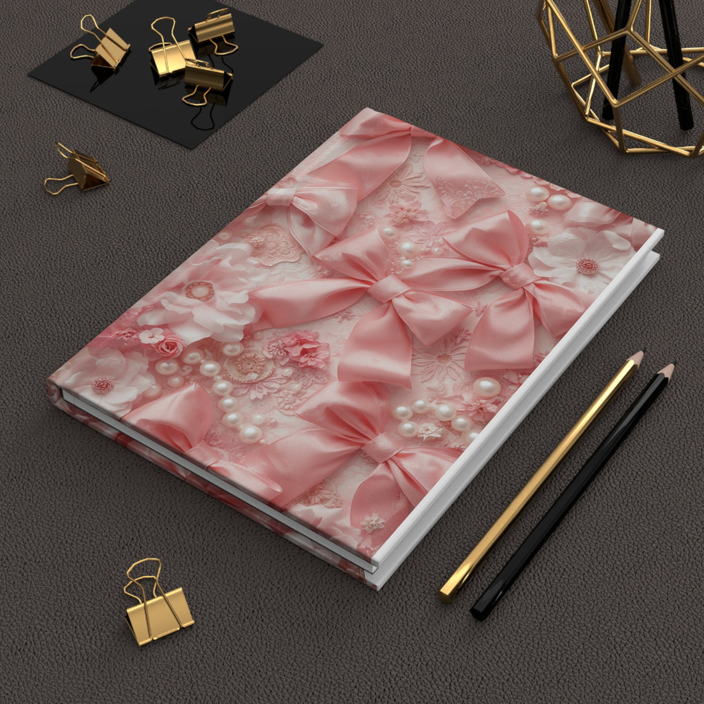 Pink Satin Bows Hardcover Journal — Floral Lace & Pearls Notebook for Brides, Gift, or Diary