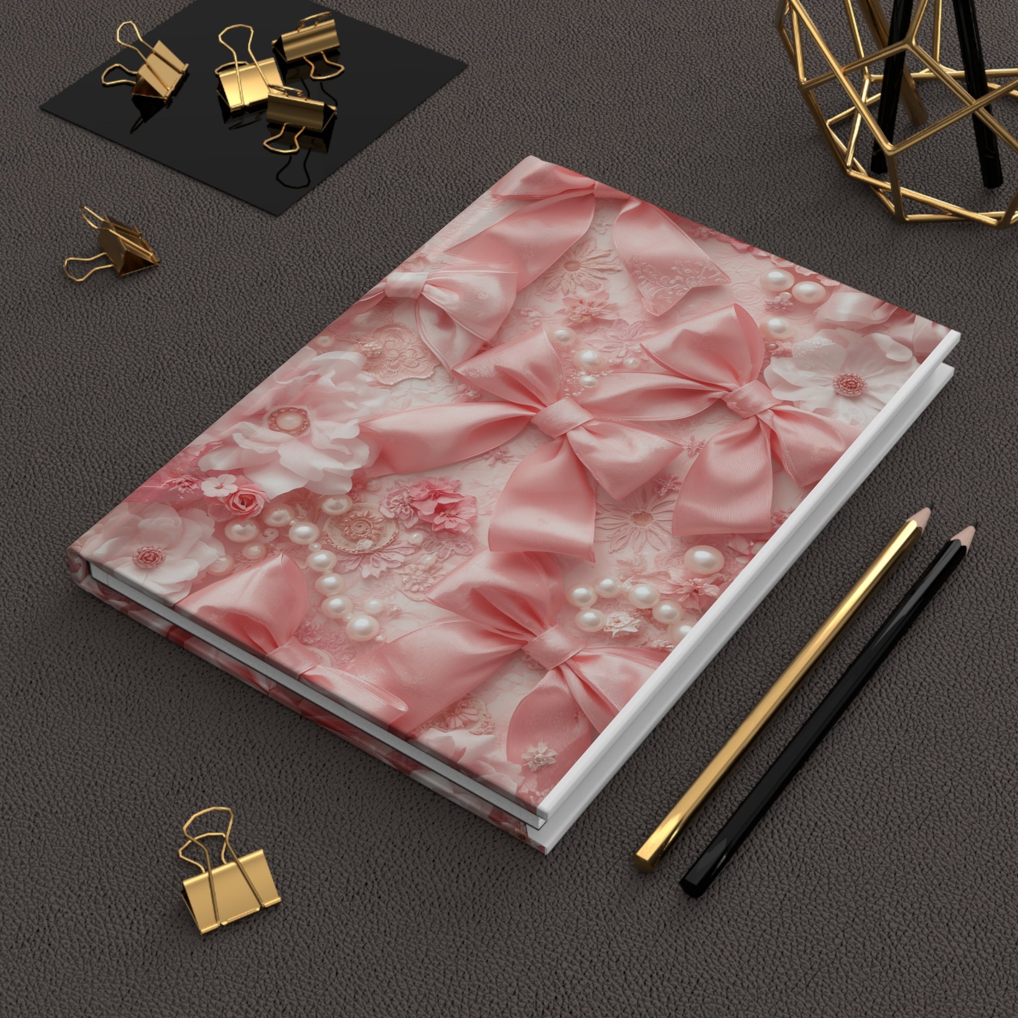 Pink Satin Bows Hardcover Journal — Floral Lace & Pearls Notebook for Brides, Gift, or Diary