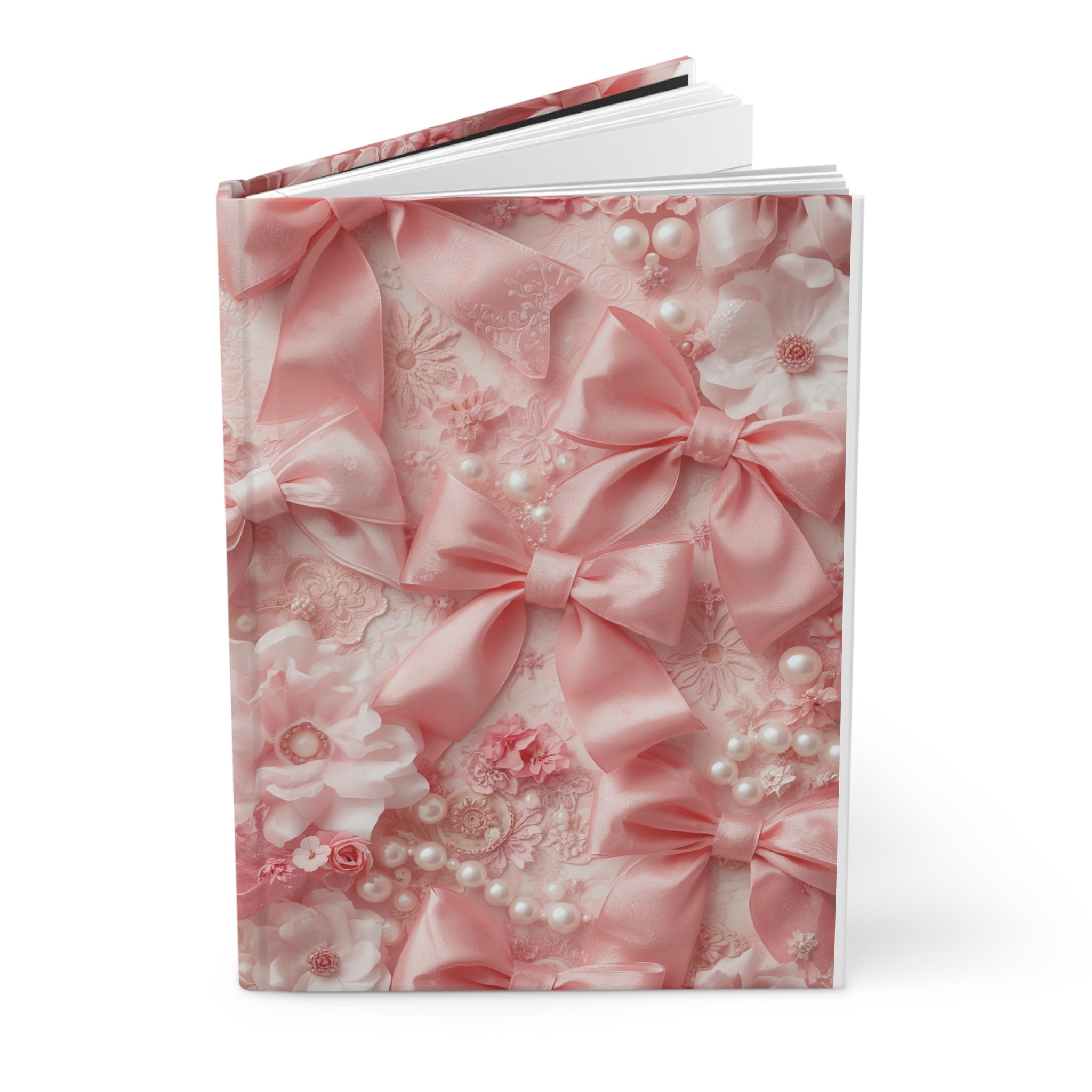 Pink Satin Bows Hardcover Journal — Floral Lace & Pearls Notebook for Brides, Gift, or Diary