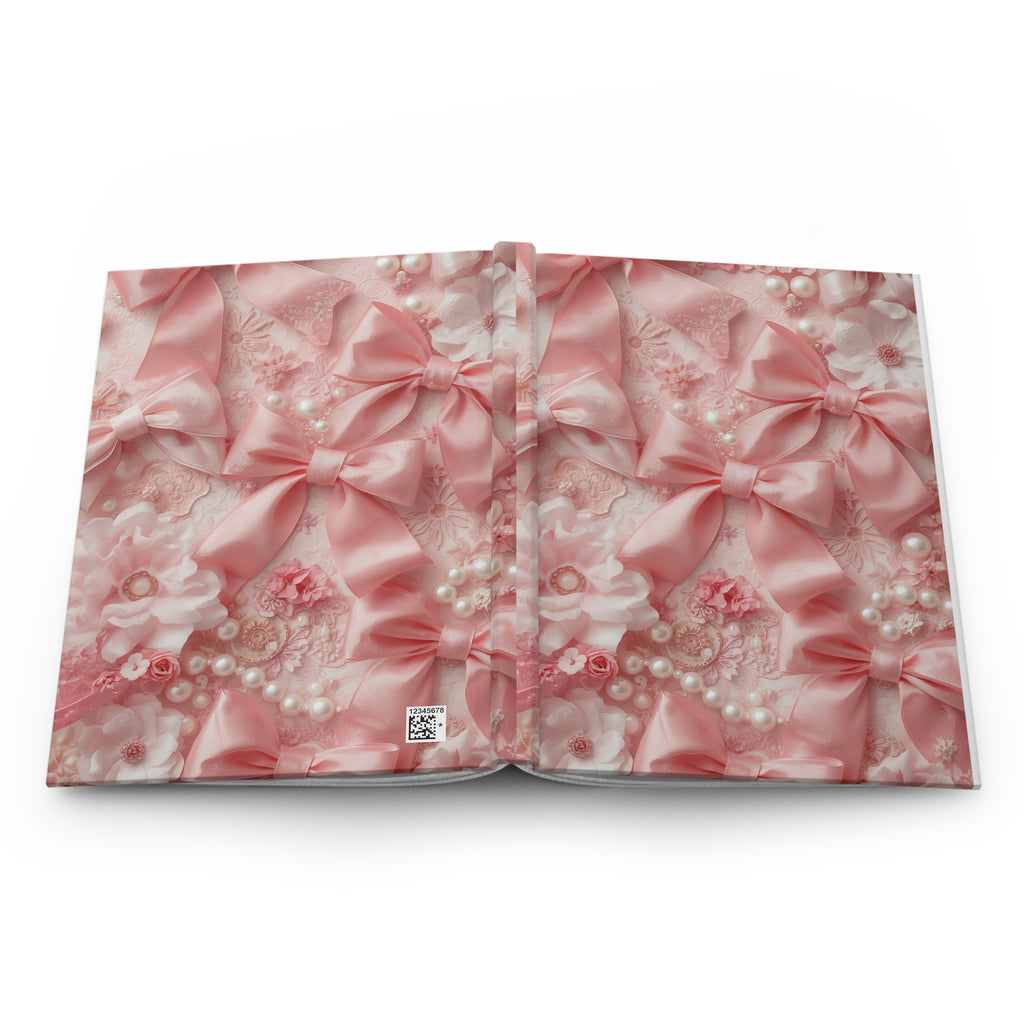 Pink Satin Bows Hardcover Journal — Floral Lace & Pearls Notebook for Brides, Gift, or Diary