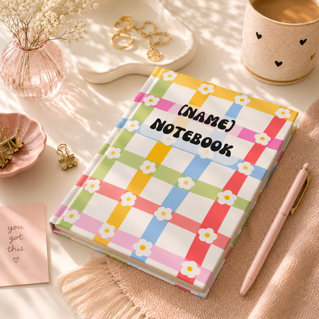Personalized Floral Plaid Notebook — Custom Name Hardcover Journal