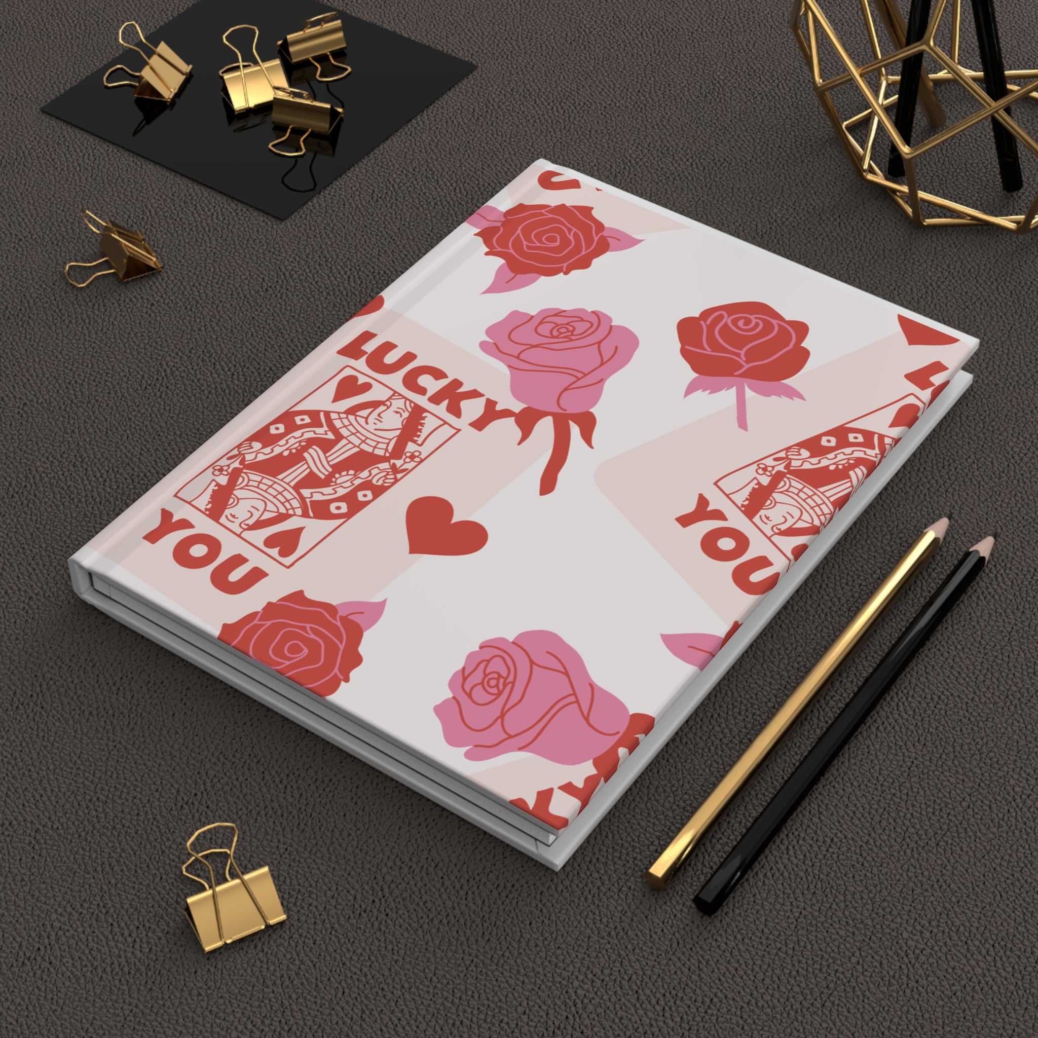 Lucky You Hardcover Journal — Rose & Playing Card Pattern