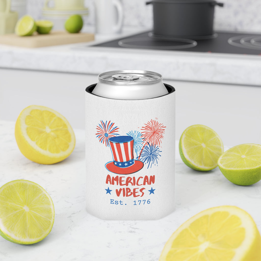 Can Cooler — "American Vibes Est. 1776" Patriotic 4th of July Drink Koozie