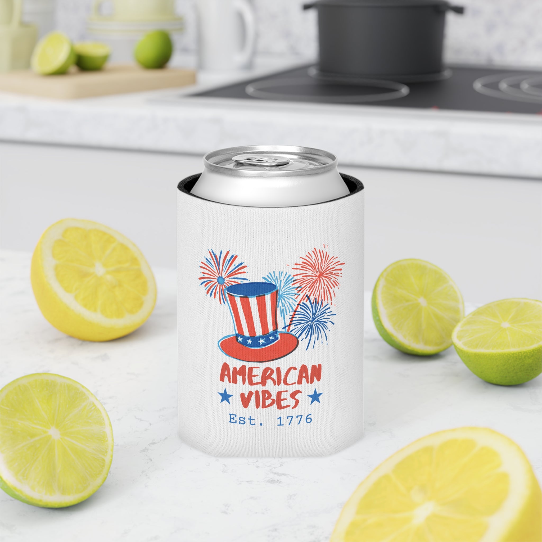 Can Cooler — "American Vibes Est. 1776" Patriotic 4th of July Drink Koozie