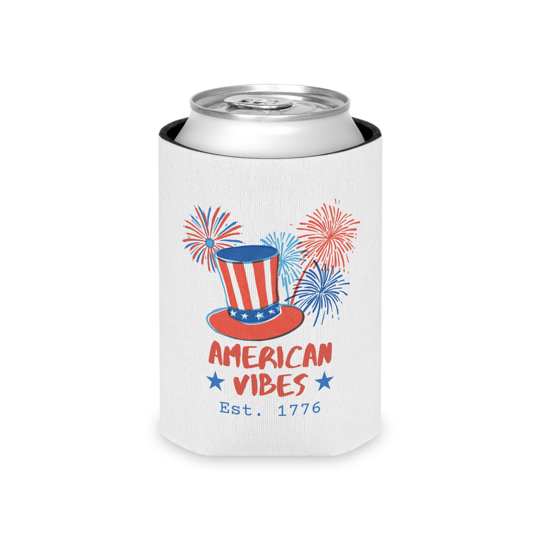 Can Cooler — "American Vibes Est. 1776" Patriotic 4th of July Drink Koozie